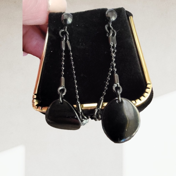 FOLLI FOLLIE| BLACK ENAMEL DANGLE EARRINGS W/ RHINESTONE DROPS - Picture 11 of 11